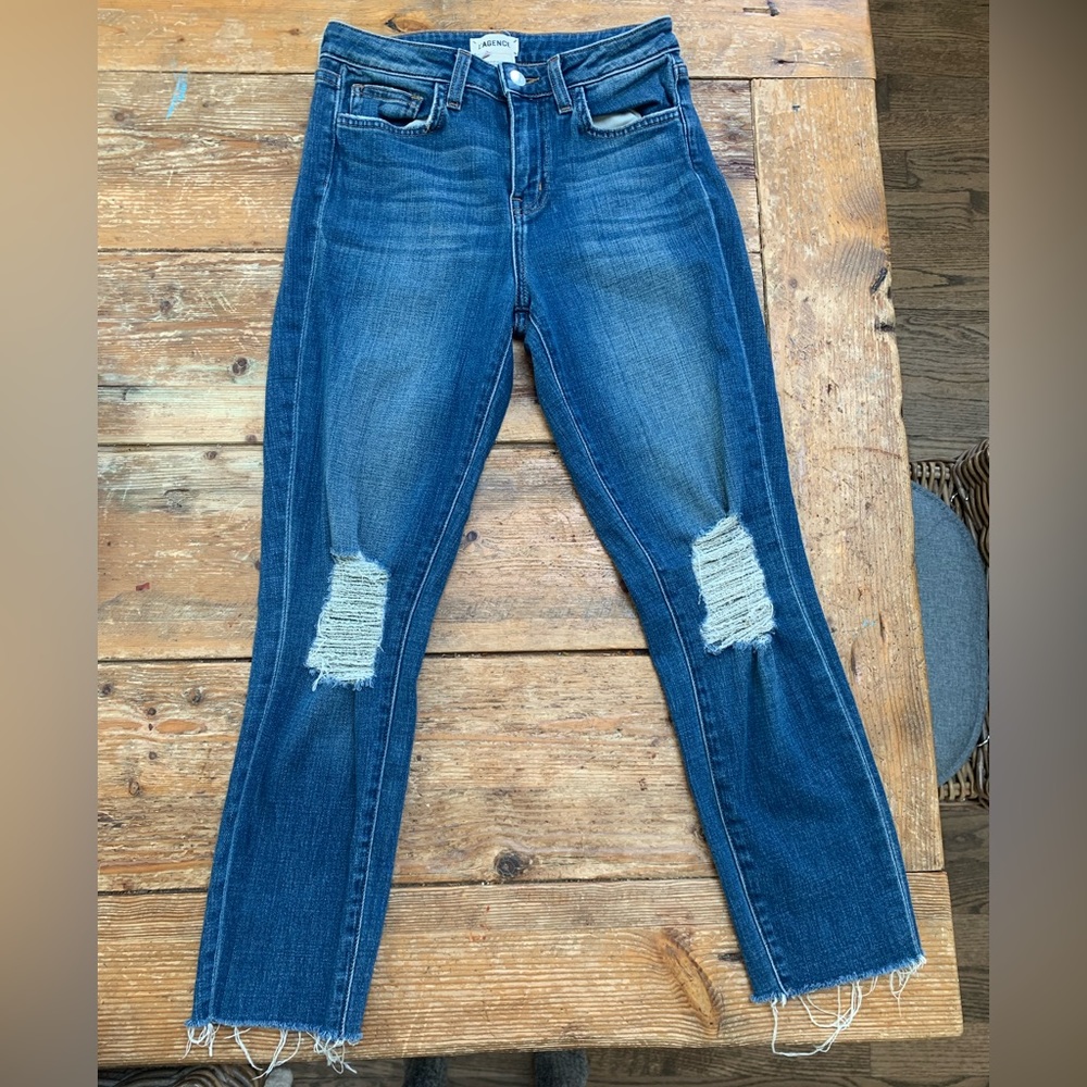 L’agence distressed raw hem straight leg skinny jeans